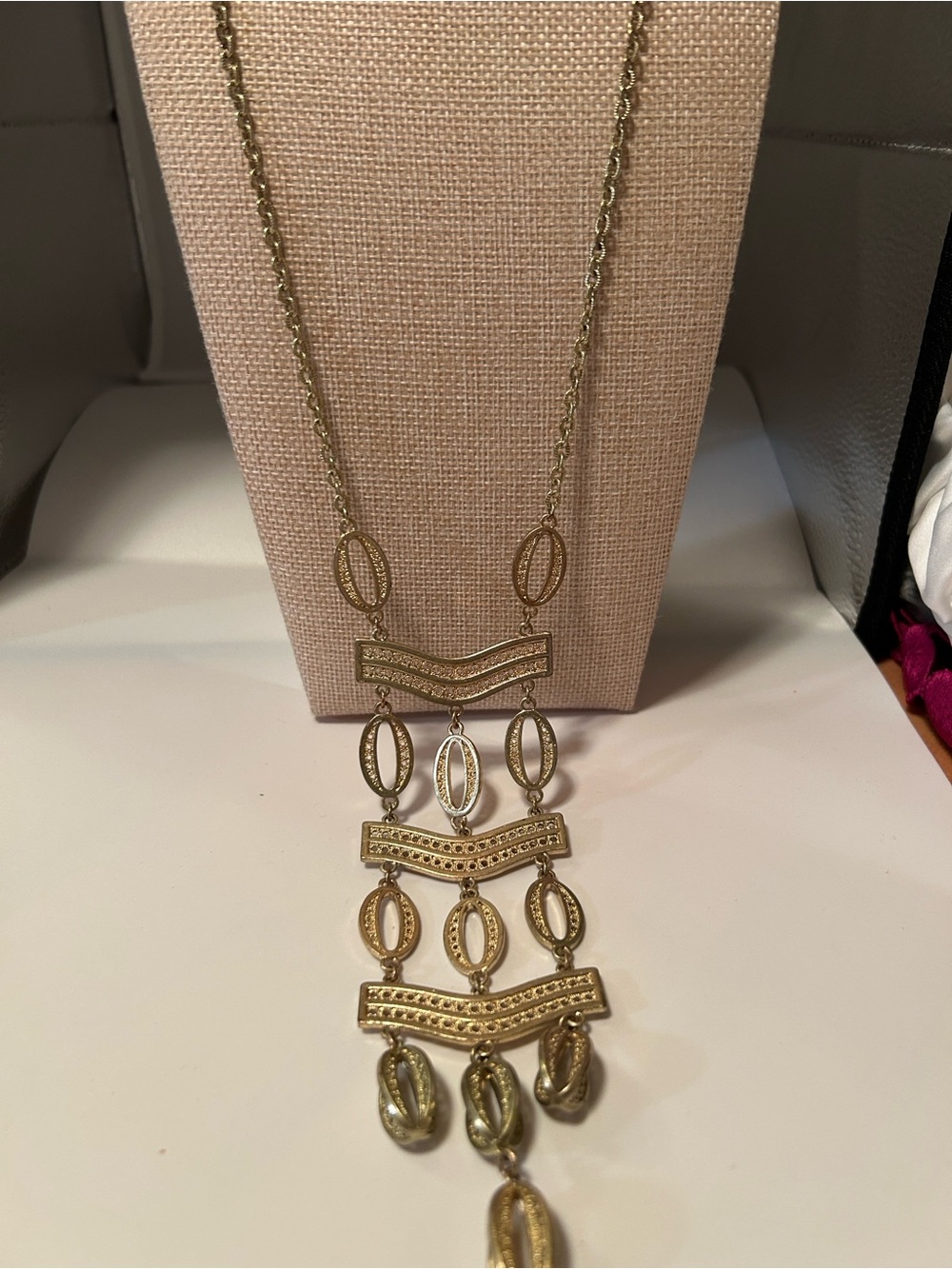 Stella and Dot long chandelier gold tone necklace 16” boho chic tribal revival